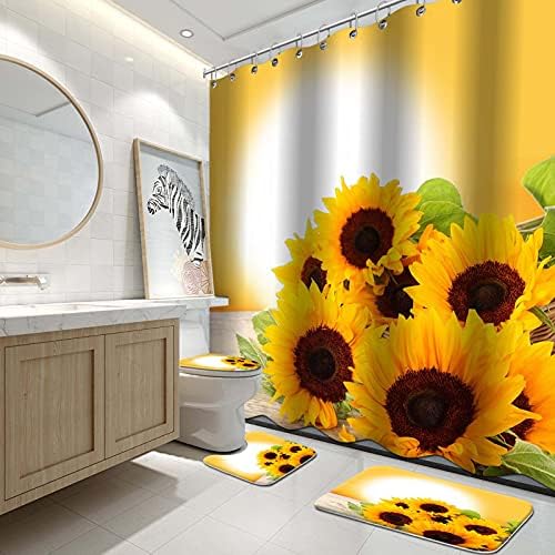 Banyo için Kilim ve Tuvalet Kapağı Kapağı ve Banyo Paspası ile İkinci Sarı Ayçiçeği Duş Perdesi Setleri, Gün Batımında Ayçiçeği