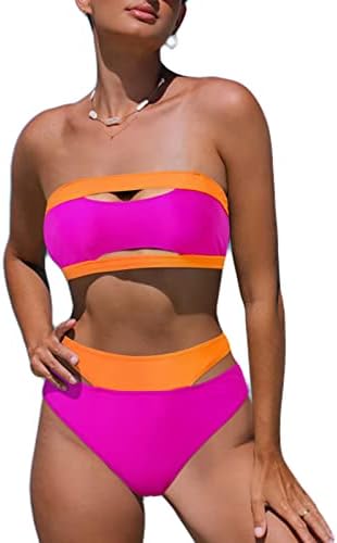 popvıl İki Parçalı Bikini Setleri Kadınlar için Straplez Kesme Mayo Yüksek Belli Mayo