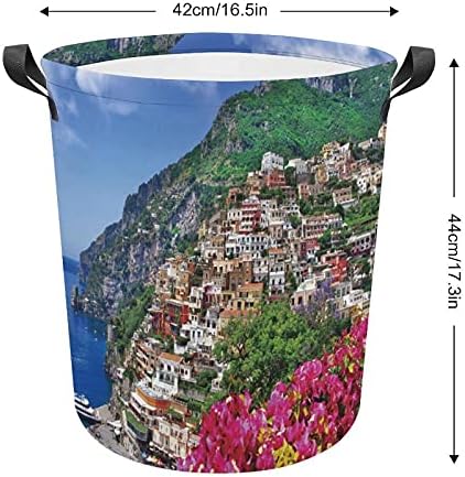 FoDuoDuo Çamaşır Sepeti Positano Amalfi'nin Doğal Manzarası Napoli Çiçek Açan Çiçekler Kulplu Çamaşır Sepeti Katlanabilir