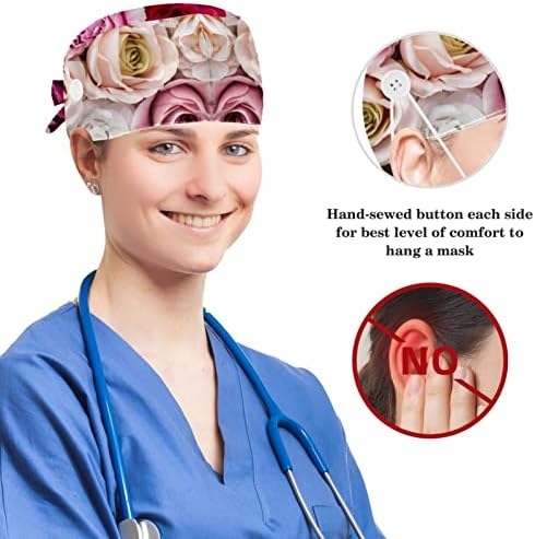 Cerrahi Kap Kabarık Kapaklar çalışma kapağı Düğmeler ve Yay ile Saç Scrunchie Kadınlar için,Uzun Saç, Gül Çiçek Bahar