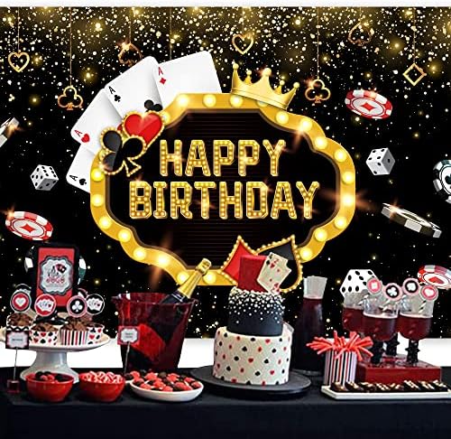 Rıyıdecor Casino Mutlu Doğum Günü Backdrop Las Vegas Oyunu Gece Tema Poker Kartları Zar 7 W x 5 H Ayaklar Polyester Kumaş