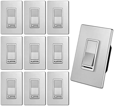 [10 Paket] BESTTEN Gümüş Dimmer Duvar ışık anahtarı Vidasız Duvar Plakası, Tek Kutuplu veya 3 Yollu, Kısılabilir LED, CFL,