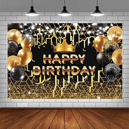 Sendy SENDY 7x5ft Siyah Altın Mutlu Doğum Günü Backdrop Erkekler Kadınlar için Glitter Bokeh Nokta Balonlar Şehir Taç Kraliyet