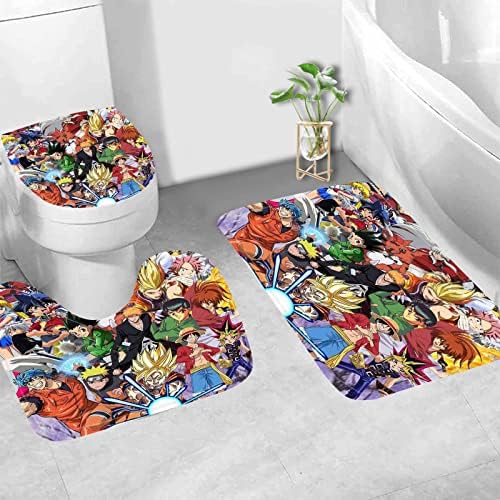 Anime Duş Perdesi Setleri Banyo için 4 Parça ile 12 Kanca, Tuvalet Kapağı Halı, Banyo Paspas ve U-Şekilli Mat Banyo Dekor