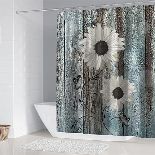 Kilim ile AZHM Beyaz Papatya Çiçek Duş Perdesi Setleri 4 Parça Rustik Çiçek Çiçek Ahşap Panel Kaymaz Kilim ile Banyo Dekor