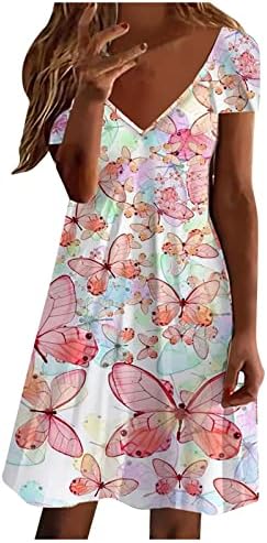 2023 Yaz kadın V Boyun Önlüklü Çiçek Elbise Boho Casual Gevşek Moda Baskı Dökümlü Mini Kısa Plaj Elbiseleri