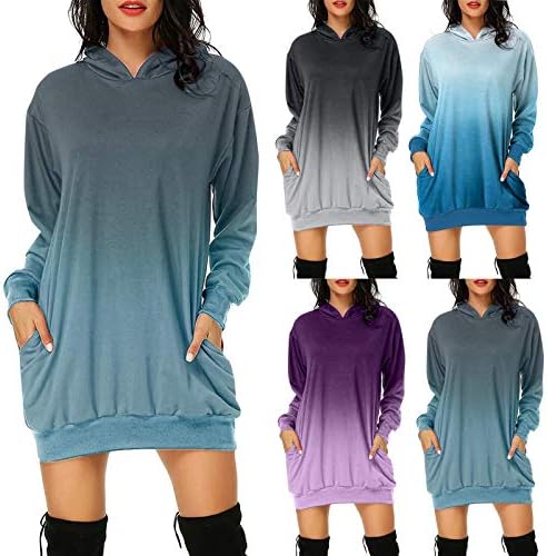 Kadınlar için Hoodies, huni Boyun Renk Blok Zip Up Tunik Tişörtü Ceketler Artı Boyutu uzun kapşon Ceket Elbise