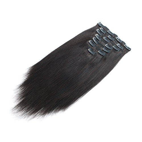 Sassina Klip insan saçı postiş Yaki Düz Stil Doğal Renk 16 inç Remy İşlenmemiş Yumuşak klipsli postiş Siyah Kadınlar