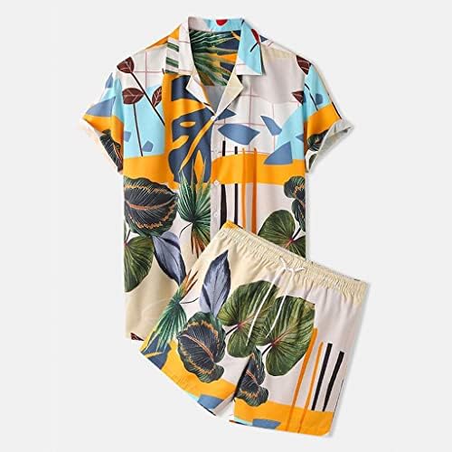 Gömlek erkek Baskı Seti Yaka Düğmesi Kısa Kollu Gömlek ve Plaj Kısa Yaz Seti Erkekler için Hawaiian Rahat İki parçalı Set