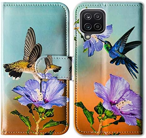 Bcov Galaxy A12 Kılıfı, Hummingbird Mor Çiçek Deri Flip telefon kılıfı Cüzdan Kapak ile Kart Yuvası Tutucu Kickstand Samsung