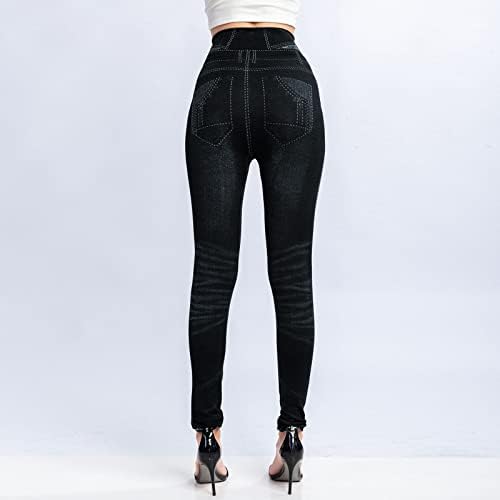 YALFJV Yoga Pantolon Yüksek Bel Cepler ıle Kadın Elastik Kot Tayt Termal Şerit Baskı Taklit Denim Tayt Tayt