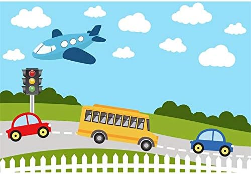 OERJU 5x3ft ulaşım Bebek Duş fotoğraf arka plan karikatür yol otobüs arabalar trafik ışıkları uçak bulutlar mavi gökyüzü
