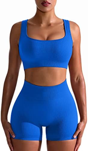 OQQ Egzersiz Kıyafetleri Kadınlar için 2 Parça Dikişsiz Nervürlü Yüksek Bel Tayt Spor Sutyeni Egzersiz Seti Blue2